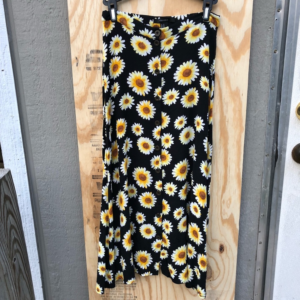 Sunflower Button Down Midi Skirt Yellow Tan Black